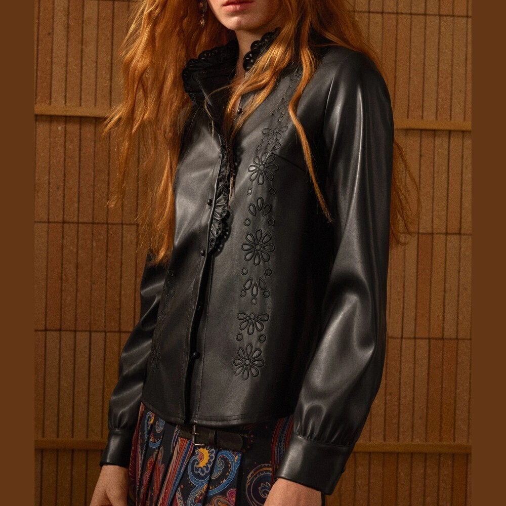 Black Faux Leather Floral Cutout Ruffle Collar Button Front Shirt